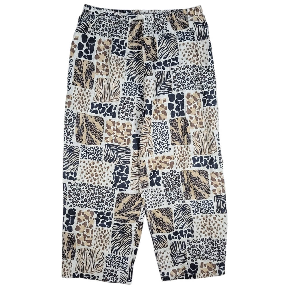 Hot‎ Cotton 100% Linen Pants Womens 1X Brown Animal Print Pull On Cropped Casual